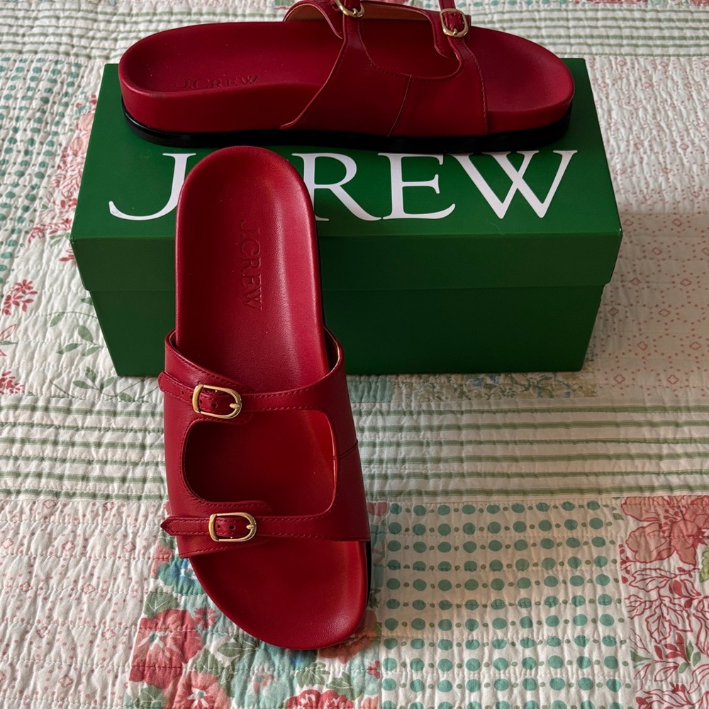 J. Crew NWT Colbie Red Slide Sandals with Gold Buckles